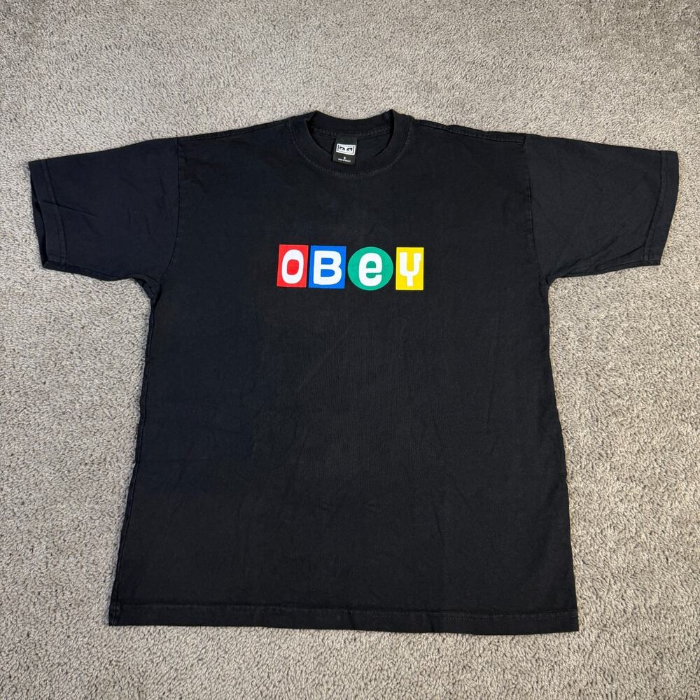 OBEY Shirt Mens Small Black Multicolor Block Logo Graphic Tee Streetwear Top